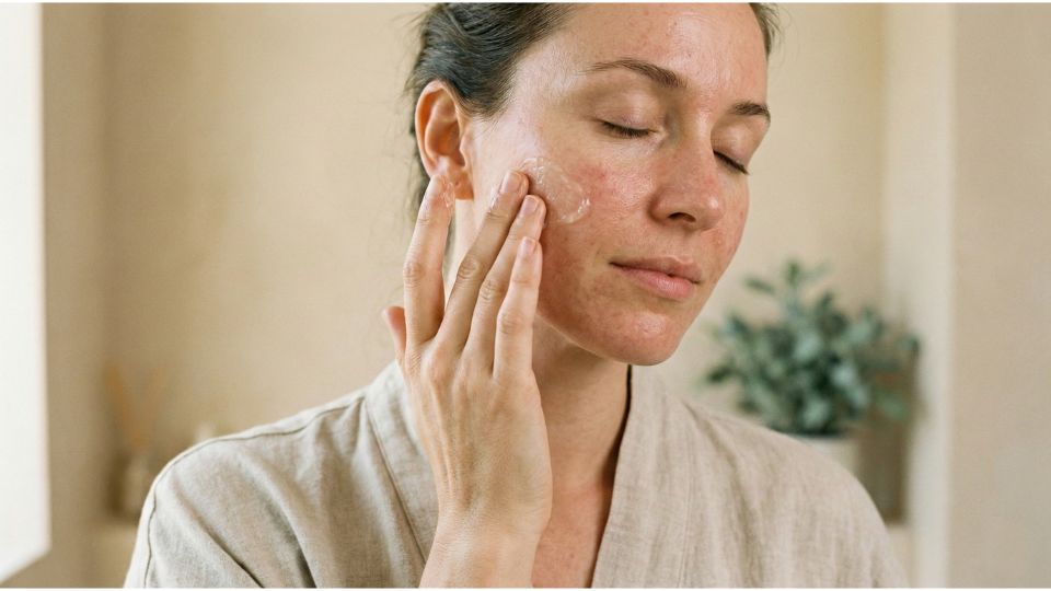 تصویر زنی با پوست طبیعی که با آرامش در حال استفاده از ژل آلوئه‌ورا روی گونه خود است؛ نشان‌دهنده حس خنکی و تسکین.