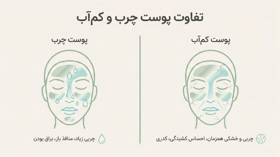 اینفوگرافیک مقایسه تفاوت پوست چرب و پوست دهیدراته یا کمآب