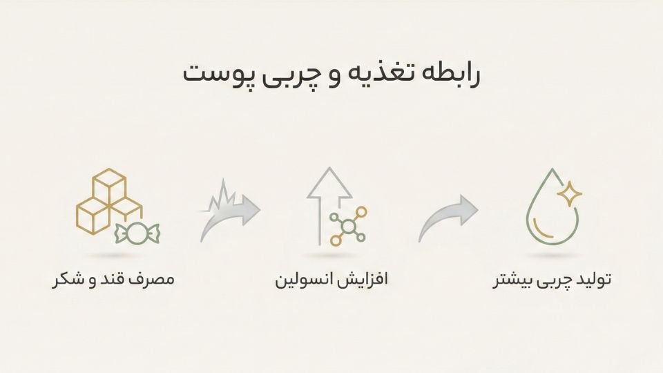 نمودار تاثیر مصرف قند و شکر بر افزایش انسولین و تولید چربی پوست
