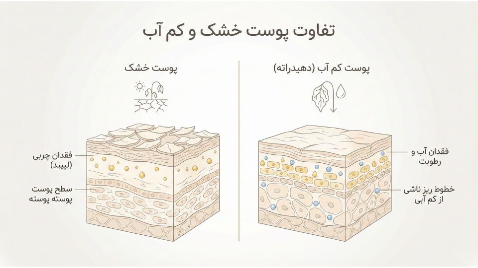 تفاوت پوست خشک و پوست کم آب و علائم ظاهری آنها روی صورت