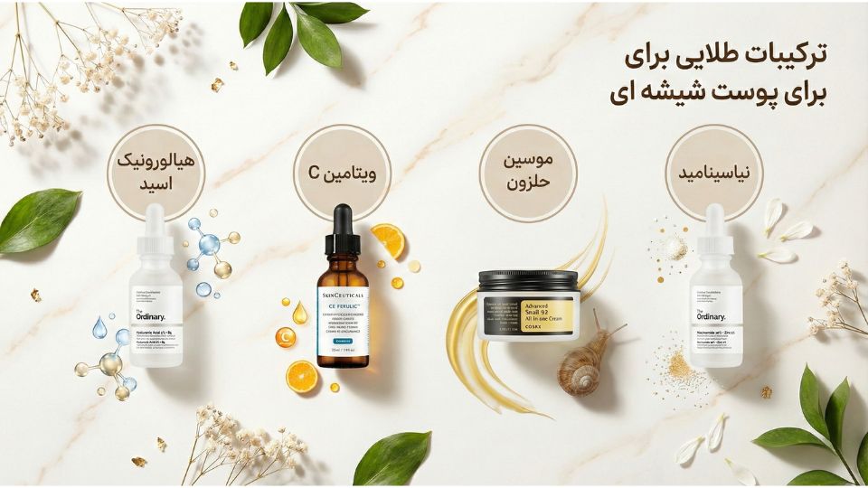 بهترین ترکیبات سرم پوست شیشه ای شامل موسین حلزون، نیاسینامید و ویتامین سی