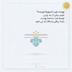 اینفوگرافیک تعریف علمی پوست چرب (سبوره) همراه با تصویر گرافیکی برش مقطعی از غده چربی پوست.