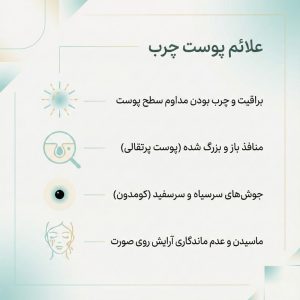 آیکون‌های گرافیکی نشان‌دهنده علائم بالینی پوست چرب شامل براقی صورت، منافذ باز و جوش‌های سرسیاه.