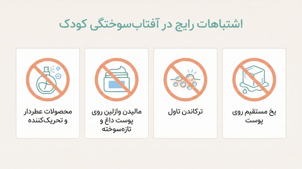 اینفوگرافیک اشتباهات رایج آفتاب سوختگی در کودکان: یخ، ترکاندن تاول، وازلین روی پوست داغ، محصولات تحریک‌کننده 
