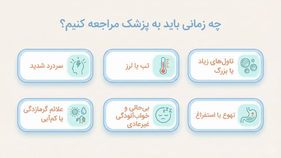 اینفوگرافیک علائم خطر آفتاب سوختگی در کودکان و زمان مراجعه به پزشک: تاول، تب، سردرد، تهوع، بی‌حالی، گرمازدگی 