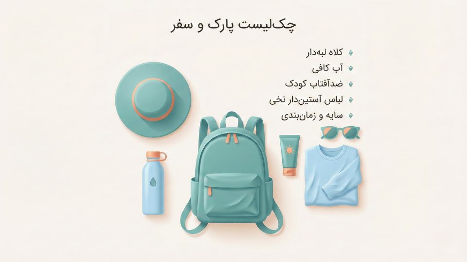 تصویر چک‌لیست پیشگیری از آفتاب سوختگی در کودکان برای پارک و سفر با کلاه، آب، ضدآفتاب و لباس آستین‌دار 