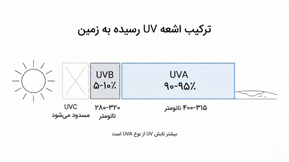 اینفوگرافیک طیف اشعه UV شامل UVA و UVB و UVC همراه با بازه طول موج برای مقاله اشعه UVA 