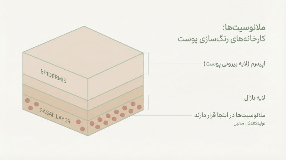 دیاگرام لایههای پوست با نمایش محل قرارگیری سلولهای ملانوسیت در لایه بازال اپیدرم