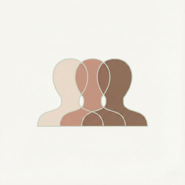 تصویر مینیمال سه شکل انسانی با رنگ‌های مختلف پوست نمایانگر تنوع طبیعی ملانین