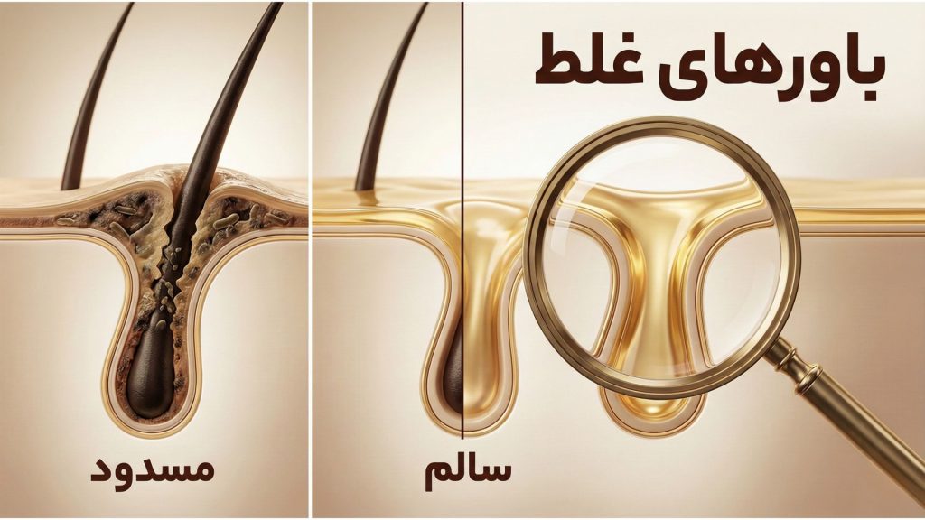 تفاوت منافذ پوست سالم با منافذ مسدود شده توسط چربی اضافه و آلودگی (باورهای غلط درباره آکنه).