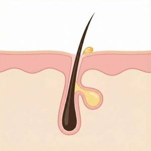 تصویر میکروسکوپی و سه بعدی از ترشح قطره سبوم (چربی طبیعی پوست) از منافذ صورت.