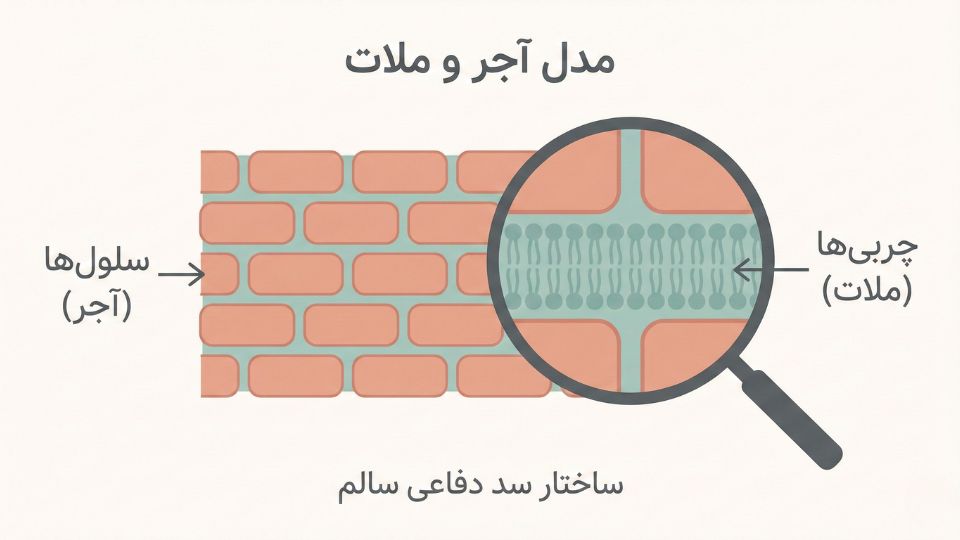 اینفوگرافیک مدل آجر و ملات پوست نشاندهنده سلولها و چربیهای بین سلولی سد دفاعی