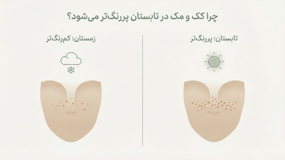 «تصویر دو بخشی تابستان و زمستان برای نشان دادن پررنگ‌تر شدن کک و مک در آفتاب و کم‌رنگ شدن در فصل سرد»