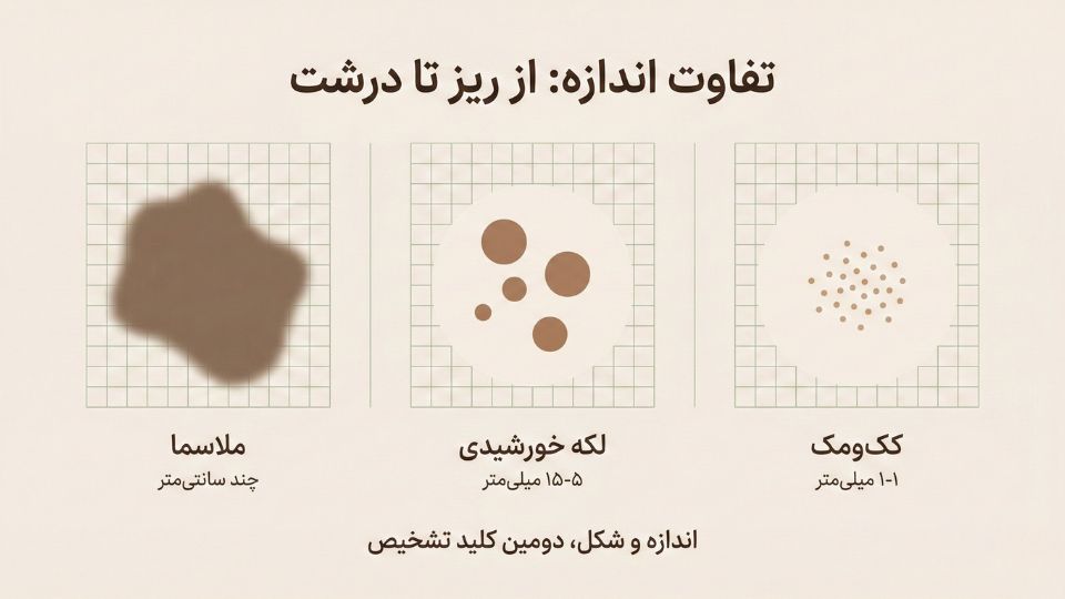 مقایسه اندازه سه نوع لک: کک‌ومک ۱-۲ میلی‌متر، سولار لنتیگو ۵-۱۵ میلی‌متر، و ملاسما چند سانتی‌متر 