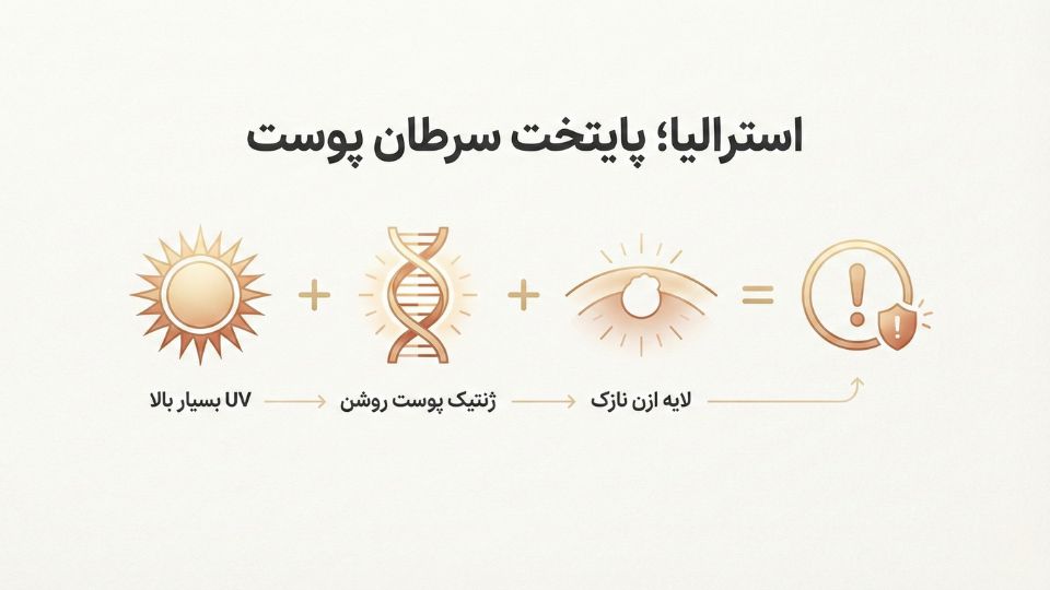 دیاگرام عوامل مؤثر بر شیوع بالای کک و مک در استرالیا شامل UV بالا، ژنتیک و لایه ازن