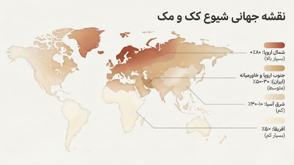 نقشه حرارتی جهانی نشاندهنده شیوع کک و مک در کشورهای مختلف با برچسب درصد شیوع