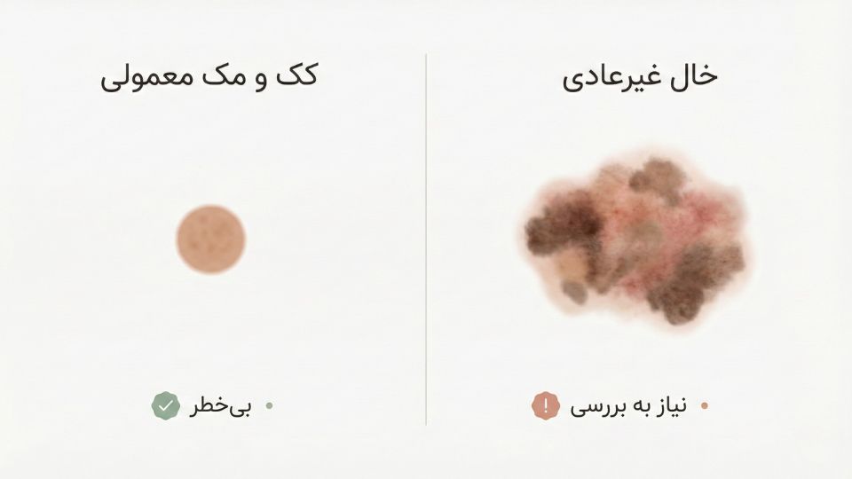 تصویر مقایسه‌ای کک و مک معمولی بی‌خطر و خال غیرعادی نیازمند بررسی پزشکی 