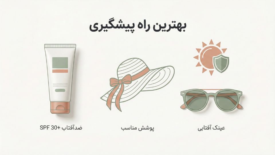 تصویرسازی لوازم پیشگیری از سرطان پوست شامل ضدآفتاب، کلاه و عینک آفتابی 