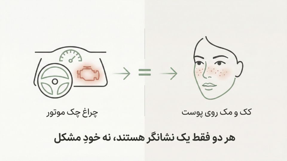 اینفوگرافیک مقایسه کک و مک با چراغ چک موتور ماشین، توضیح مفهوم نشانگر بودن کک و مک نه عامل بیماری
