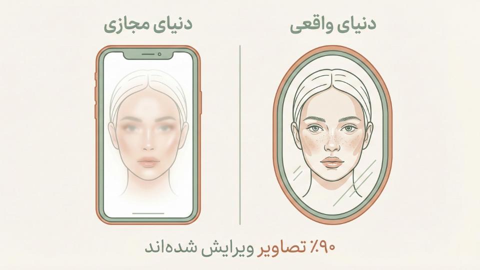 تصویرسازی مقایسه صورت با فیلتر در فضای مجازی و صورت طبیعی در واقعیت