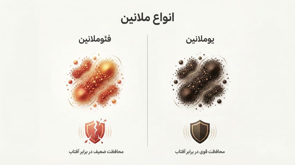 مقایسه انواع ملانین: یوملانین تیره با محافظت بالا و فئوملانین روشن با محافظت پایین در برابر آفتاب 