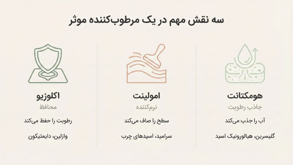 سه مکانیسم مرطوب‌کننده: هومکتانت برای جذب آب، امولینت برای نرم‌سازی و اکلوزیو برای حفظ رطوبت