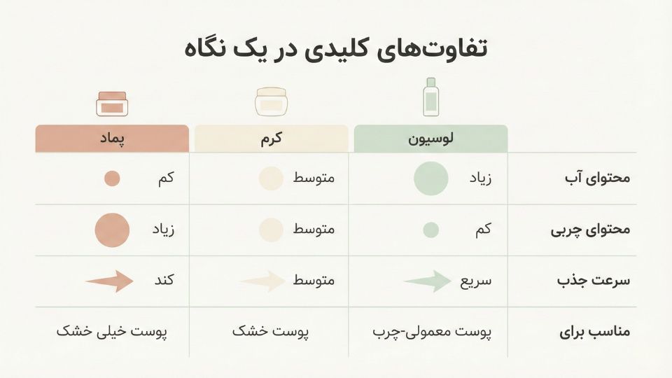 جدول مقایسه لوسیون، کرم و پماد بر اساس محتوای آب، چربی، سرعت جذب و نوع پوست مناسب