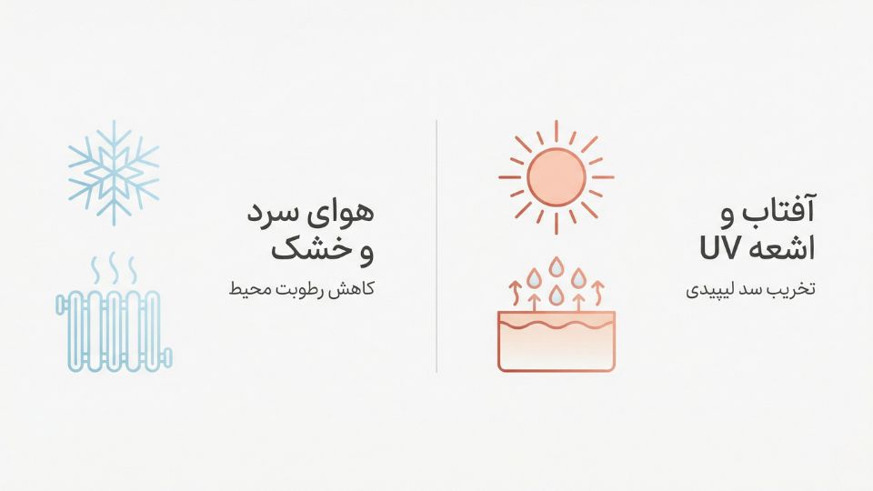 اینفوگرافیک مقایسه تاثیر هوای سرد و آفتاب تابستان بر خشکی پوست