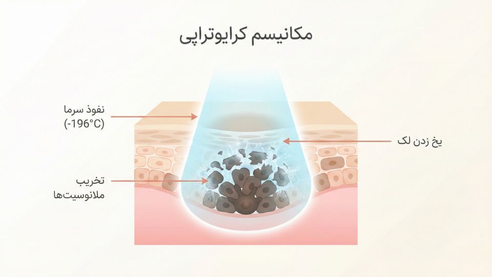 اینفوگرافیک علمی نحوه عملکرد کرایوتراپی و تخریب ملانوسیت‌های لک با سرما در لایه‌های پوست 