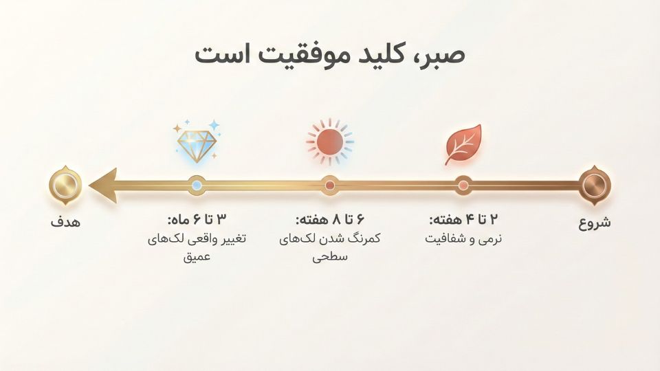 نمودار زمانی نتایج درمان لک صورت از ۲ هفته تا ۶ ماه برای مدیریت انتظارات 