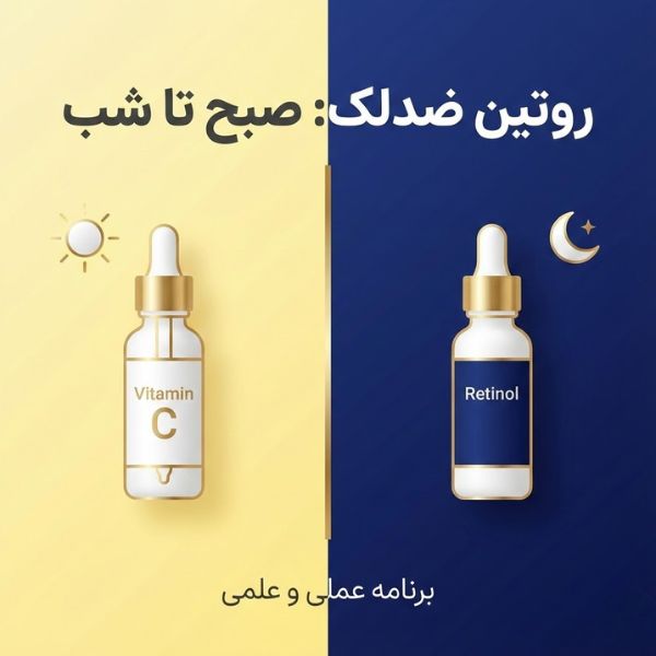 تصویر مینیمال و لوکس مقایسه روتین صبح و شب برای درمان لک پوست با سرم ویتامین سی و رتینول