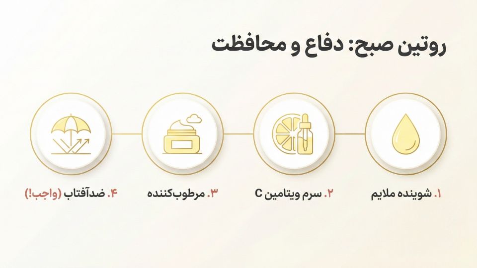 اینفوگرافیک مراحل روتین صبحگاهی ضدلک شامل شوینده، ویتامین سی، مرطوب‌کننده و ضدآفتاب 