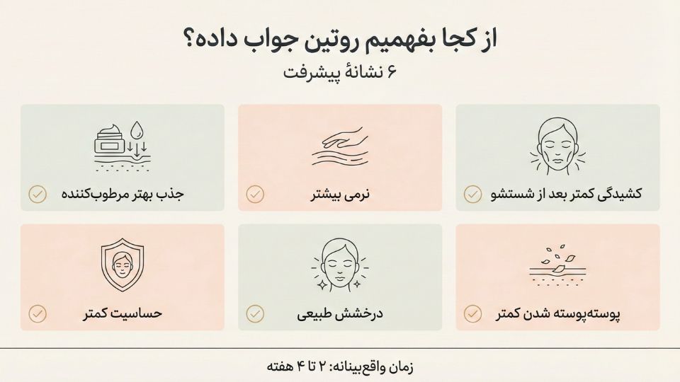 اینفوگرافیک ۶ نشانه پیشرفت روتین پوست خشک شامل کاهش کشیدگی، نرمی، و درخشش طبیعی