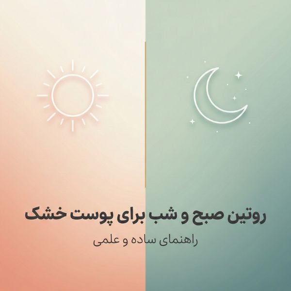 تصویر دو بخشی روتین صبح و شب پوست خشک با آیکون خورشید و ماه و رنگ‌های آرام