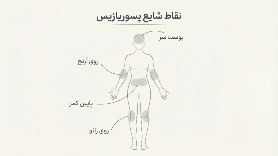 نقشه بدن نشاندهنده نقاط شایع بروز پسوریازیس شامل روی آرنج، روی زانو، پوست سر و پایین کمر.