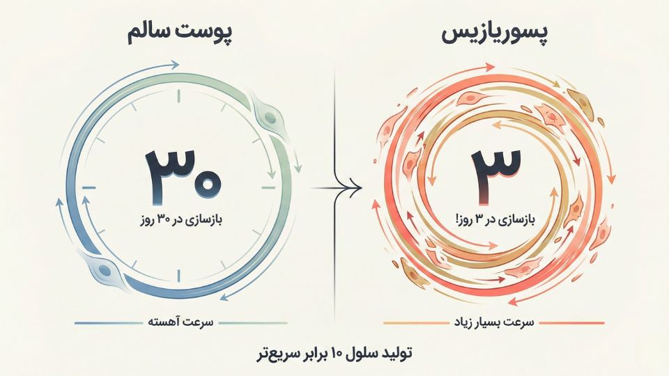 مقایسه سرعت بازسازی سلولهای پوست در حالت عادی (۳۰ روز) و بیماری پسوریازیس (۳ روز).