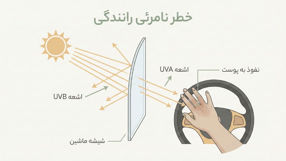 دیاگرام علمی نشاندهنده عبور اشعه پیرکننده UVA از شیشه ماشین و برخورد به دست راننده در حالی که اشعه UVB دفع میشود