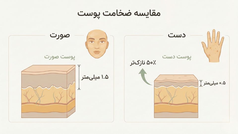 اینفوگرافیک مقایسه ضخامت پوست صورت یک و نیم میلیمتر با پوست دست نیم میلیمتر که نشان میدهد پوست دست ۵۰ درصد نازکتر است