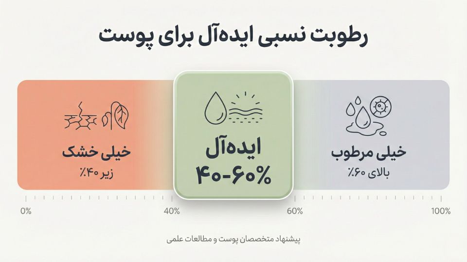 اینفوگرافیک نمودار رطوبت نسبی ایده‌آل ۴۰ تا ۶۰ درصد برای سلامت پوست خشک