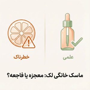 تصویر مقایسه‌ای مینیمال ماسک لیمو (خطرناک) و سرم پوستی علمی (ایمن) با تیتر ماسک خانگی لک: معجزه یا فاجعه
