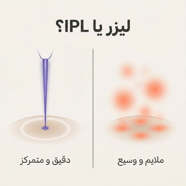 تصویر مقایسه مفهومی لیزر و IPL برای درمان لک صورت؛ لیزر متمرکز در برابر نور پراکنده IPL