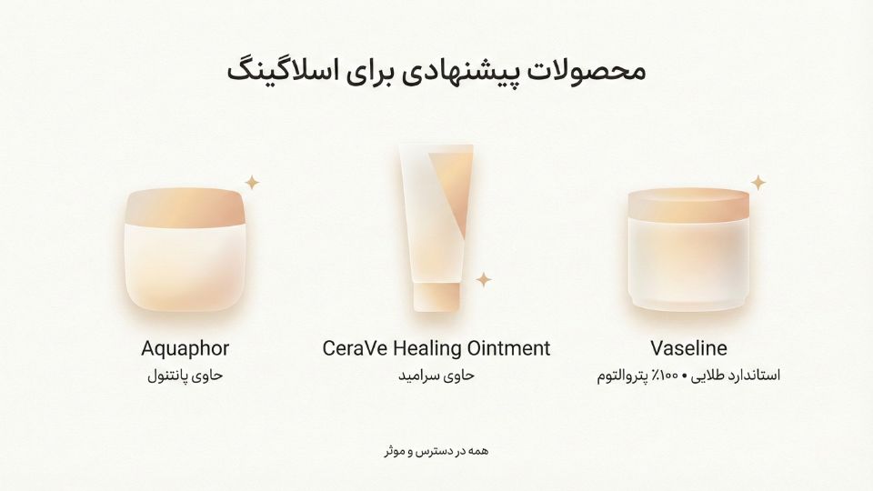 نمایش مینیمال سه محصول پیشنهادی برای اسلاگینگ شامل وازلین، سراوی و آکواپور با توضیحات کلیدی

