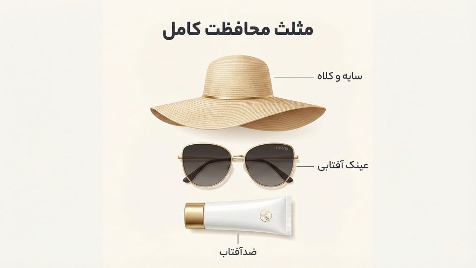 تصویر مثلث محافظت کامل شامل کلاه، عینک آفتابی و کرم ضدآفتاب

