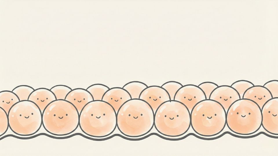 تصویر لایه بازال پوست که سلولهای نوزاد و پرآب در حال تقسیم شدن و شروع سفر به سمت بالا هستند.