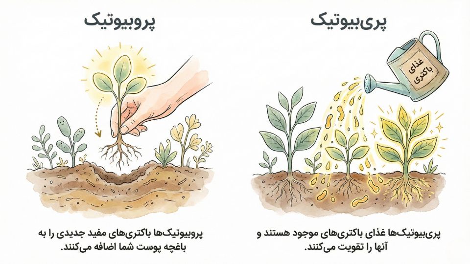 تصویر آموزشی تفاوت پروبیوتیک (کاشت نهال) و پری‌بیوتیک (کود) برای حمایت از میکروبیوم پوست
