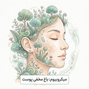 چهره انسان با المان‌های باغ مخفی که میکروبیوم پوست را به‌عنوان یک اکوسیستم زنده نشان می‌دهد