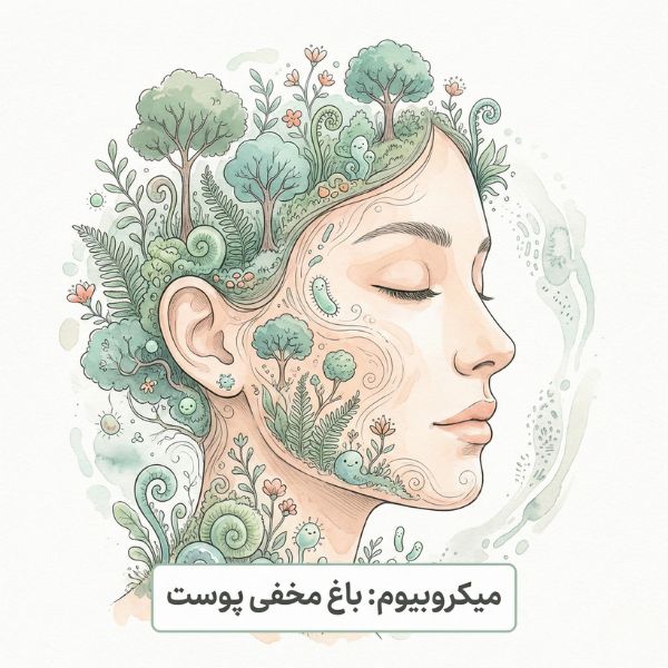 چهره انسان با المان‌های باغ مخفی که میکروبیوم پوست را به‌عنوان یک اکوسیستم زنده نشان می‌دهد