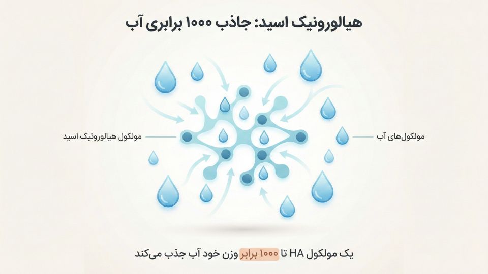 دیاگرام آموزشی مولکول هیالورونیک اسید در مرکز با مولکول‌های آب اطراف، نشان‌دهنده ظرفیت جذب ۱۰۰۰ برابری آب