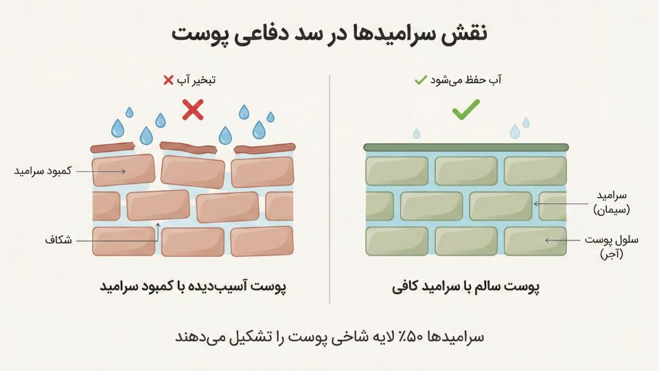 مقایسه تصویری سد دفاعی پوست: پوست سالم با سرامید کافی در مقابل پوست آسیب‌دیده با کمبود سرامید و تبخیر آب