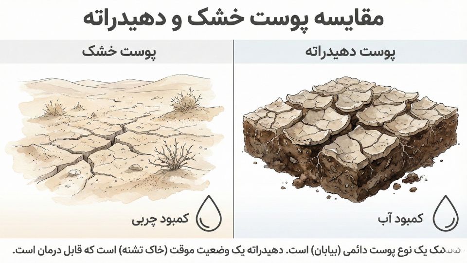 مقایسه پوست خشک و پوست دهیدراته با استعاره خاک: کمبود چربی در خشک، کمبود آب در دهیدراته